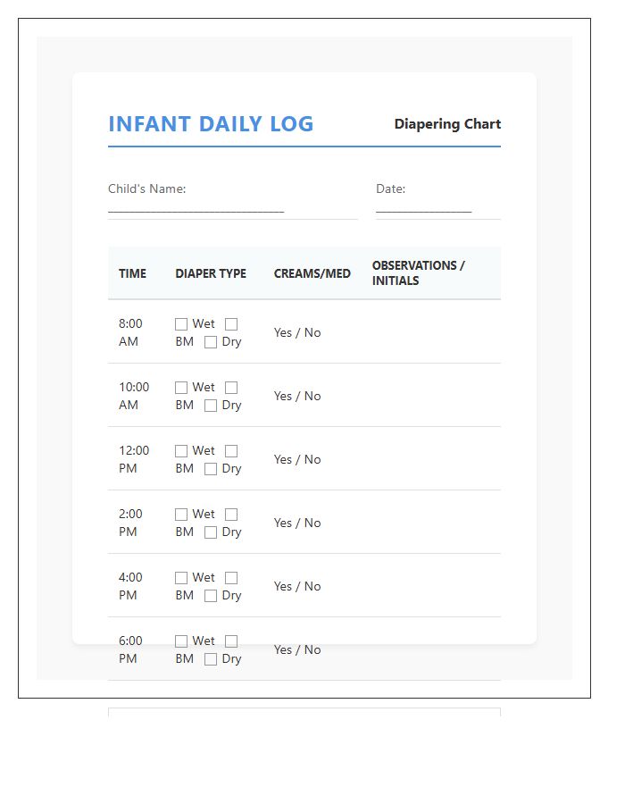 Daycare Infant Daily Log Printable Diaper Chart
