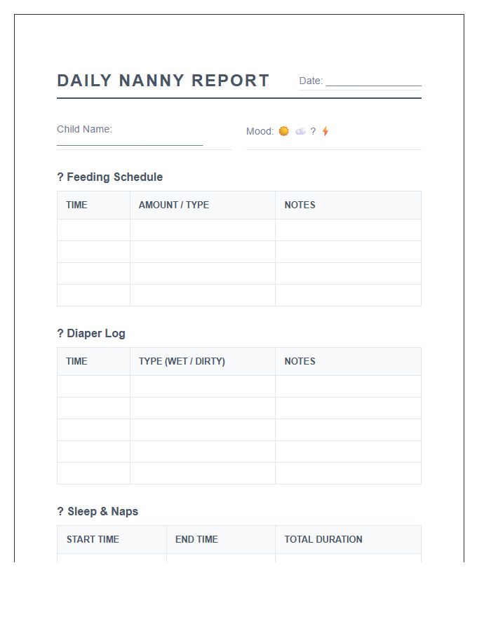 Printable Nanny Daily Report Feeding Diaper Chart
