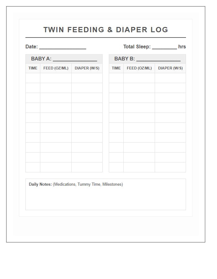 Printable Twin Baby Feeding And Diaper Chart
