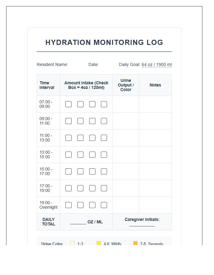 Elderly Care Hydration Level Monitoring Printable Chart