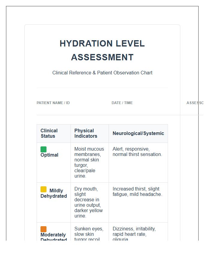 Hospital Grade Hydration Level Assessment Printable Chart