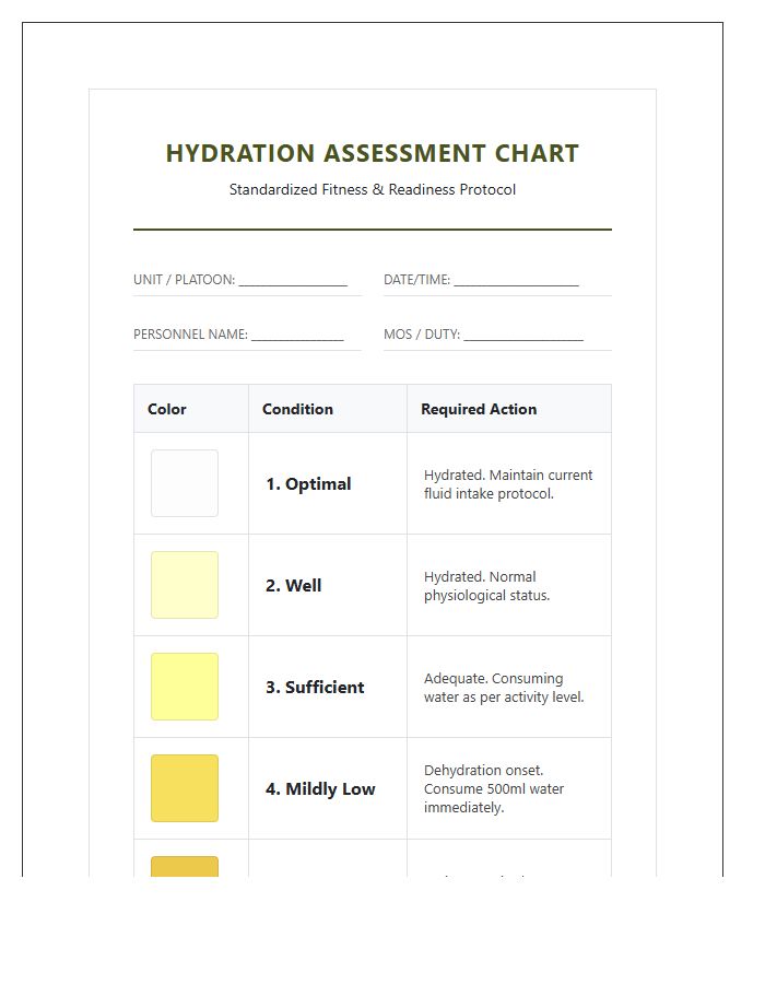 Military Fitness Hydration Assessment Urine Color Printable Chart