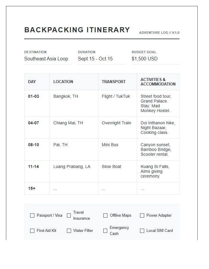 Backpacking Travel Itinerary Printable Chart