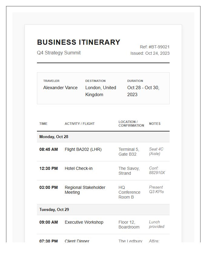 Business Travel Itinerary Printable Chart