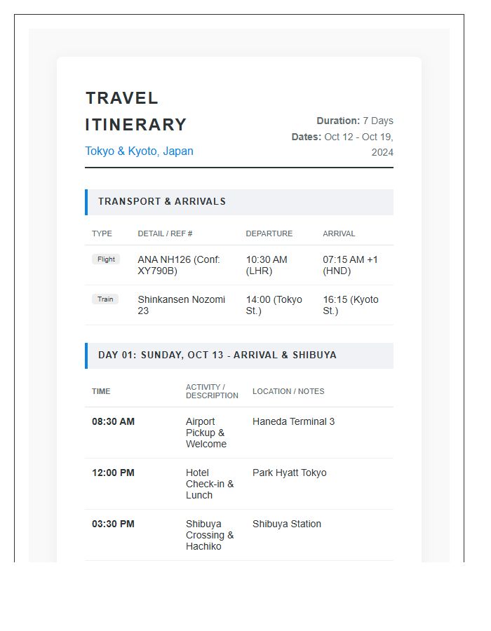 Comprehensive Travel Itinerary Printable Chart