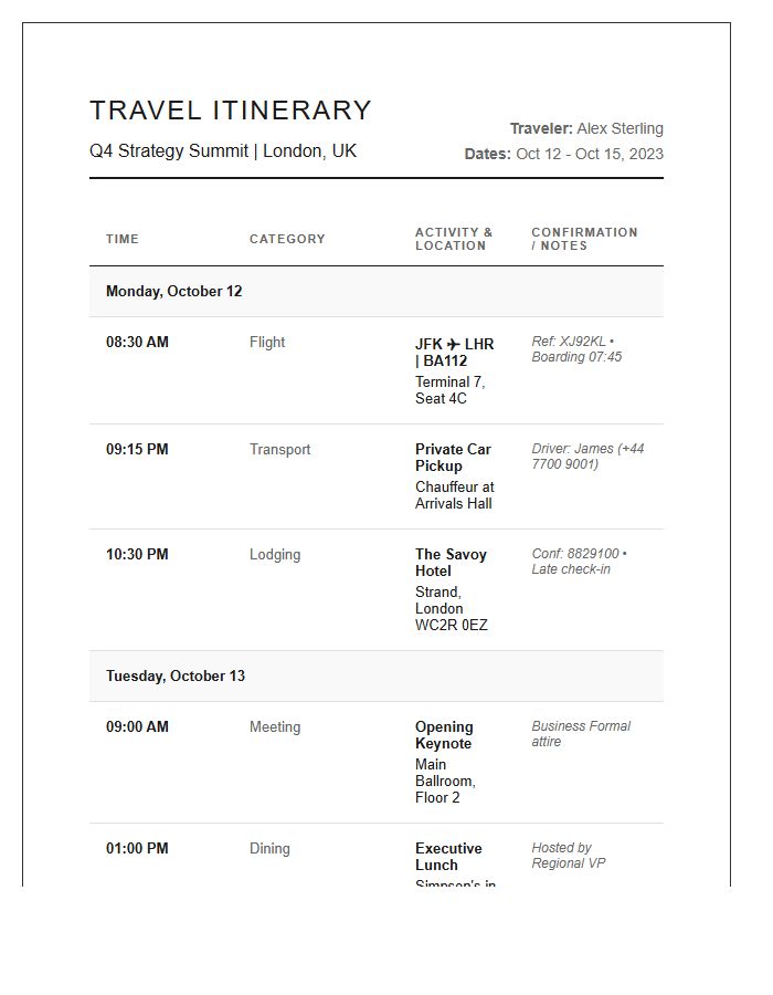 Corporate Travel Itinerary Printable Chart