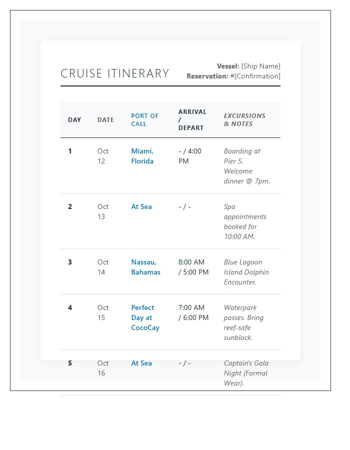 Cruise Ship Travel Itinerary Printable Chart