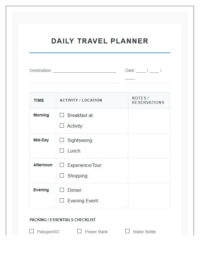Daily Travel Activities Printable Chart