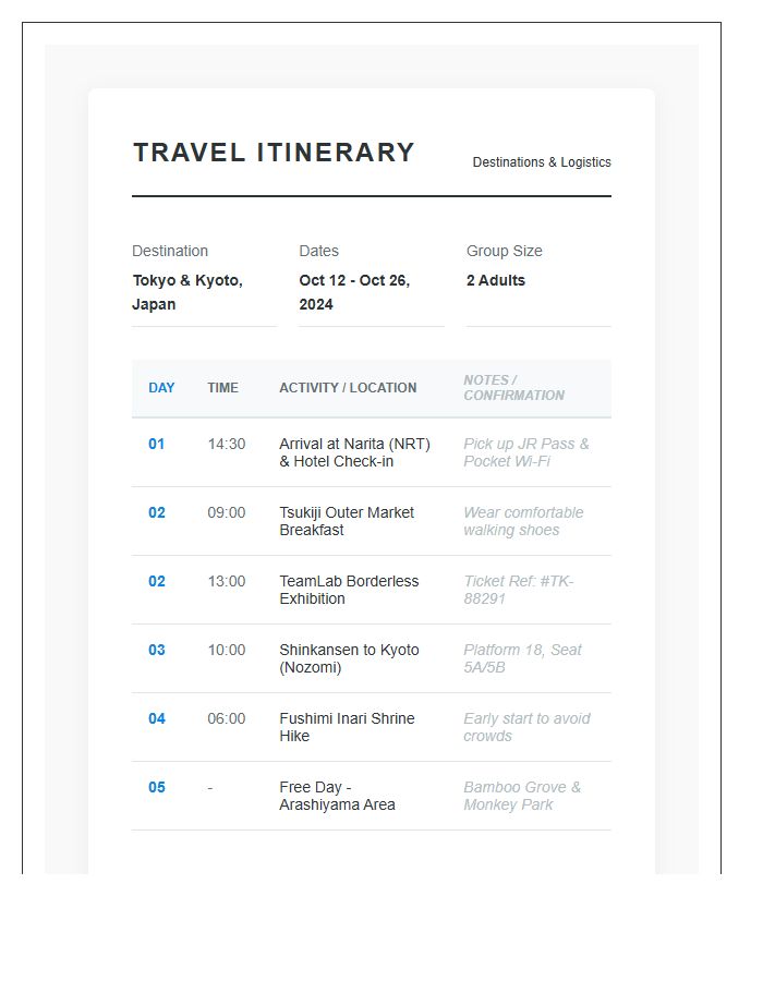 Destination Planning Travel Itinerary Printable Chart