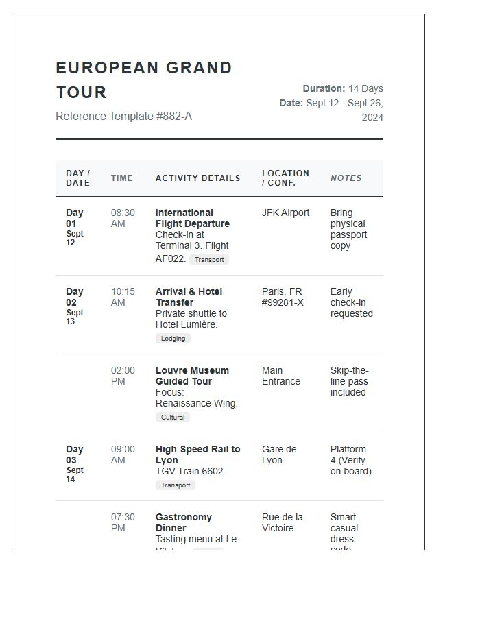 Detailed Travel Itinerary Printable Chart