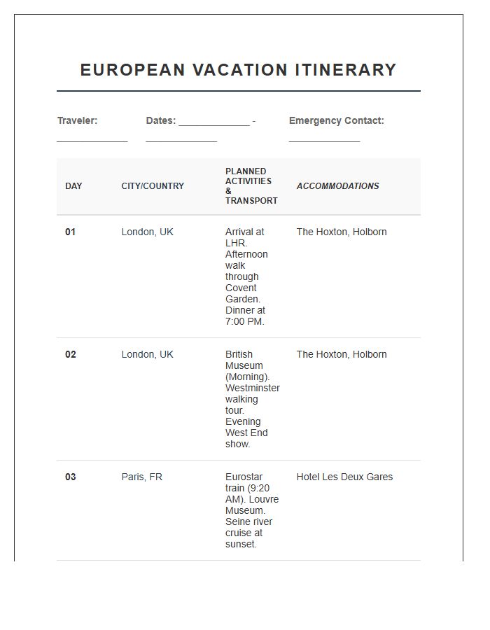 European Vacation Travel Itinerary Printable Chart