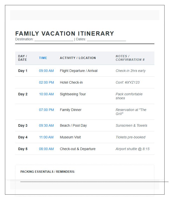 Family Vacation Travel Itinerary Printable Chart