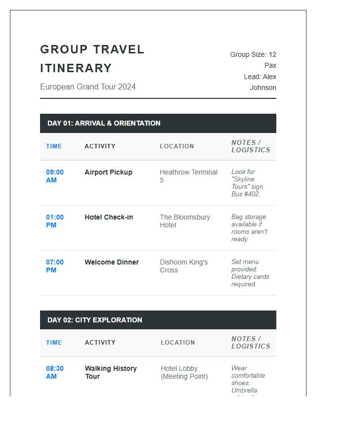 Group Travel Itinerary Printable Chart