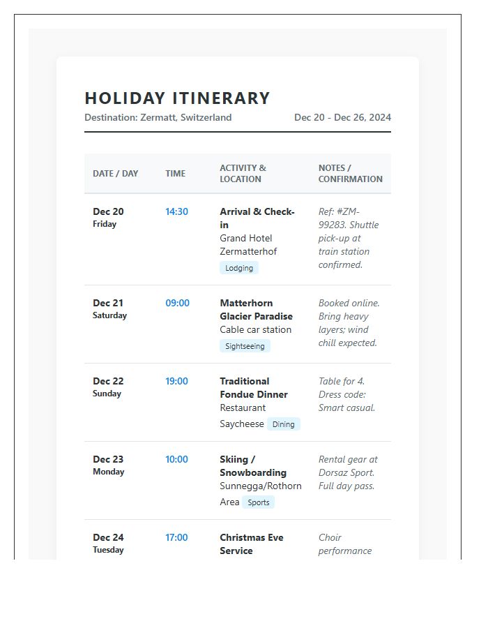 Holiday Travel Itinerary Printable Chart