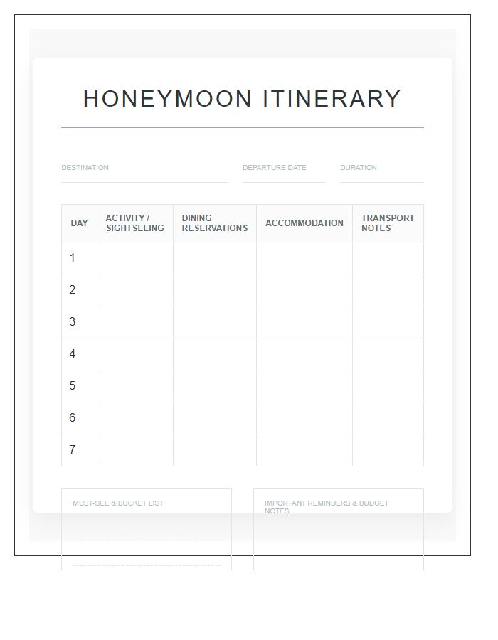Honeymoon Travel Planner Printable Chart