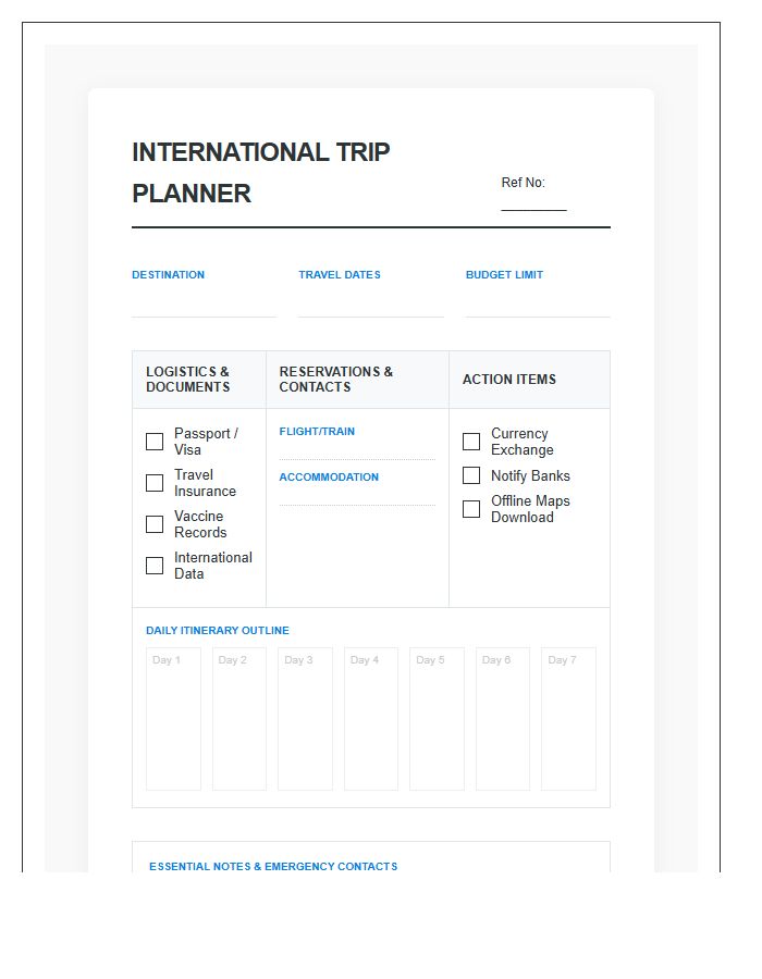 International Trip Planning Printable Chart