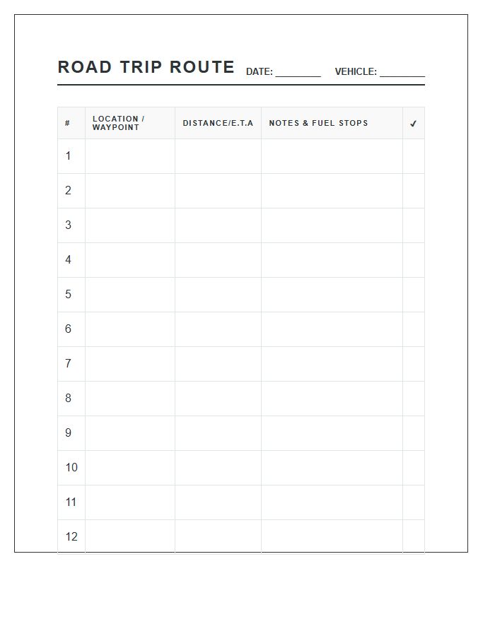 Road Trip Route Printable Chart
