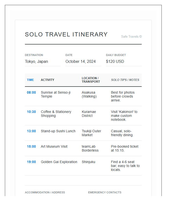 Solo Travel Itinerary Printable Chart