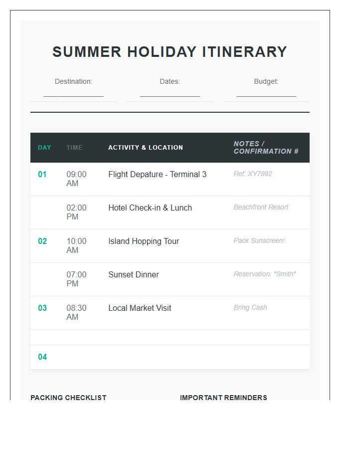 Summer Holiday Travel Itinerary Printable Chart