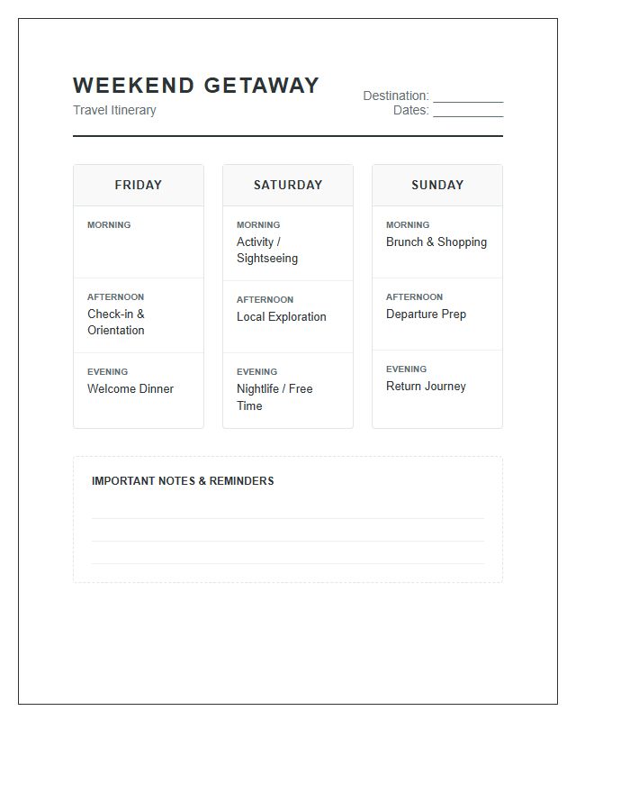 Weekend Trip Travel Itinerary Printable Chart