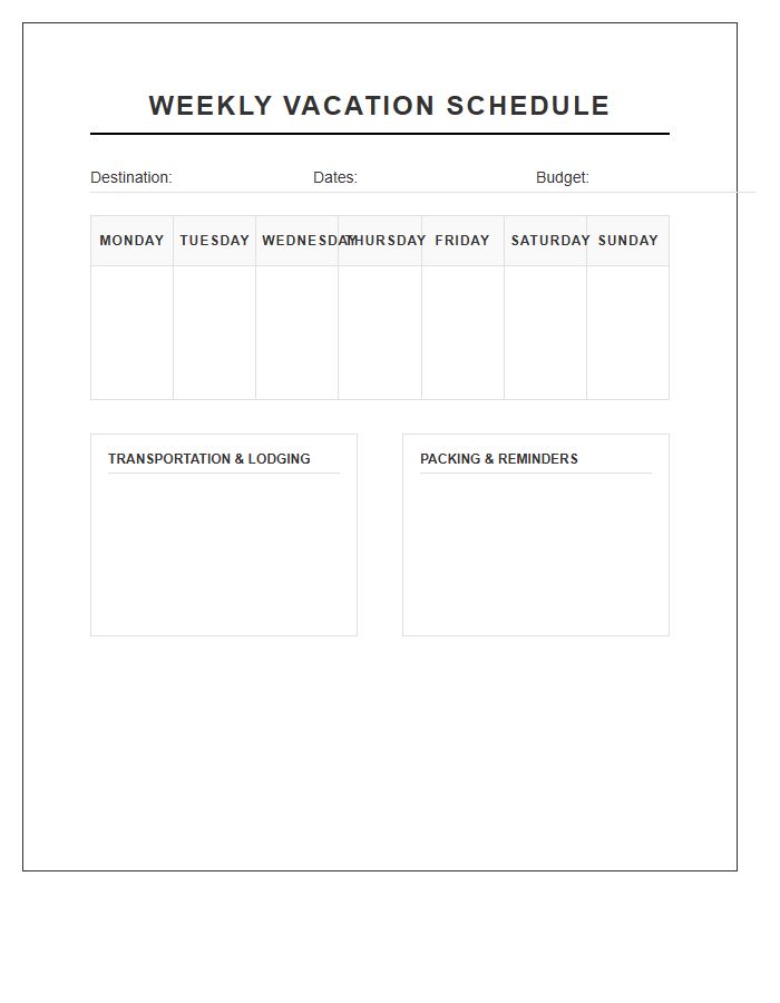 Weekly Vacation Schedule Printable Chart