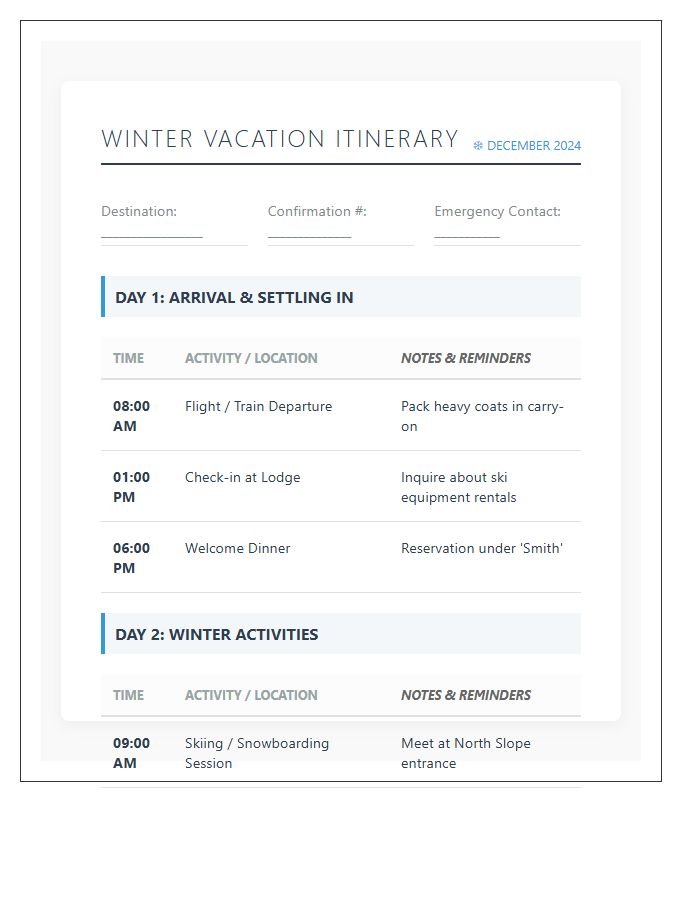 Winter Vacation Travel Itinerary Printable Chart