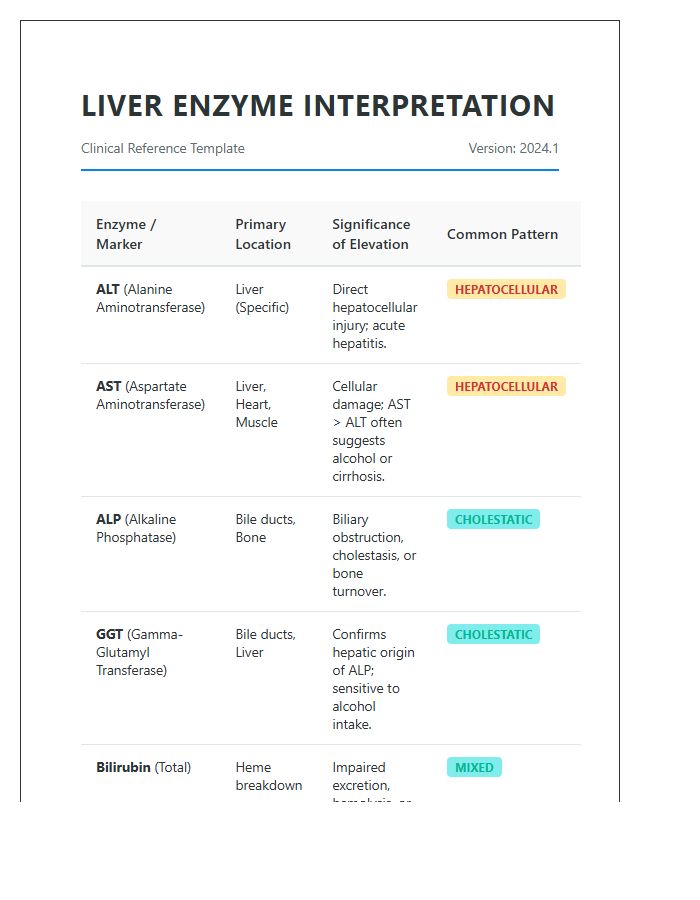 Printable Elevated Liver Enzyme Interpretation Chart