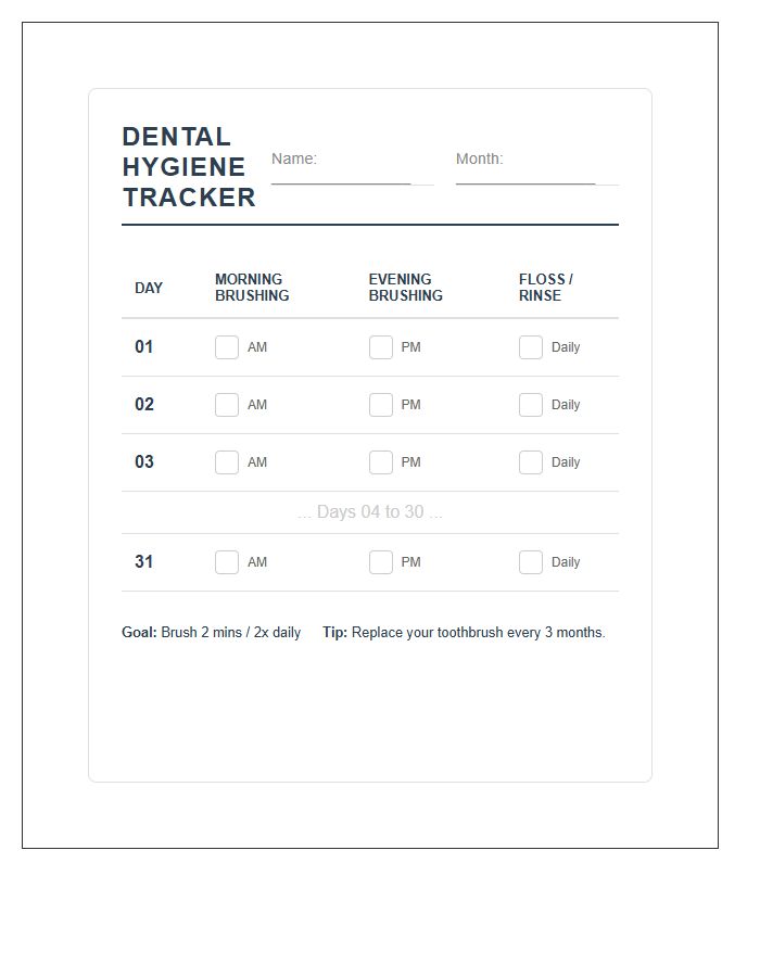 Monthly Printable Dental Hygiene Brushing Chart