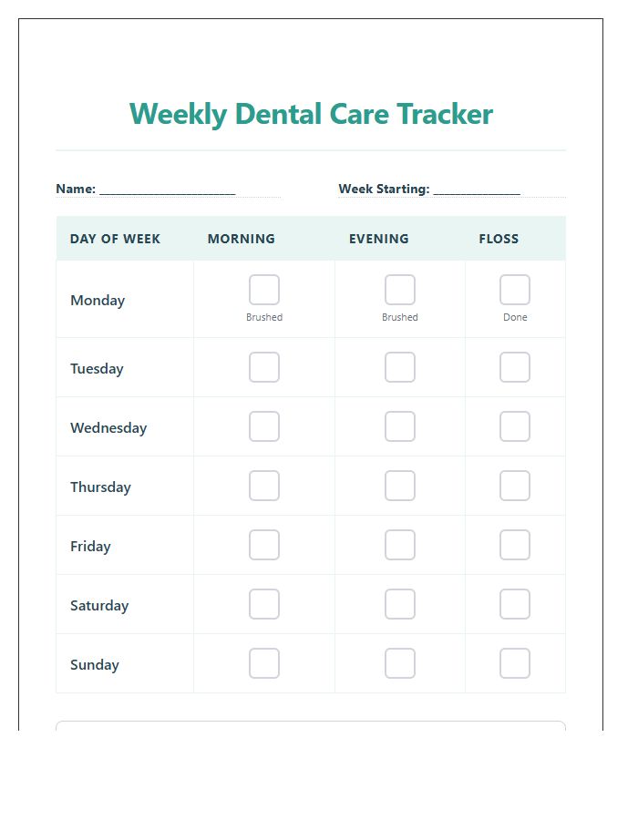Weekly Printable Dental Hygiene Brushing Chart