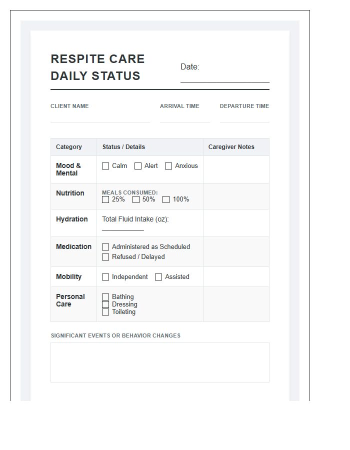 Printable Daily Respite Care Client Status Chart