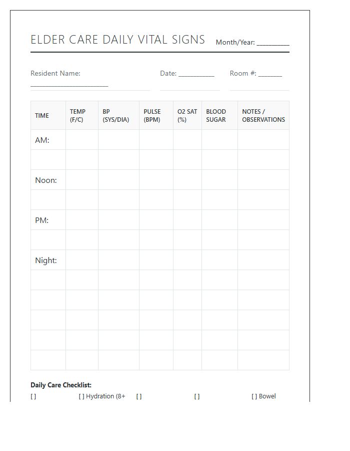 Printable Elder Care Daily Vital Signs Tracking Chart