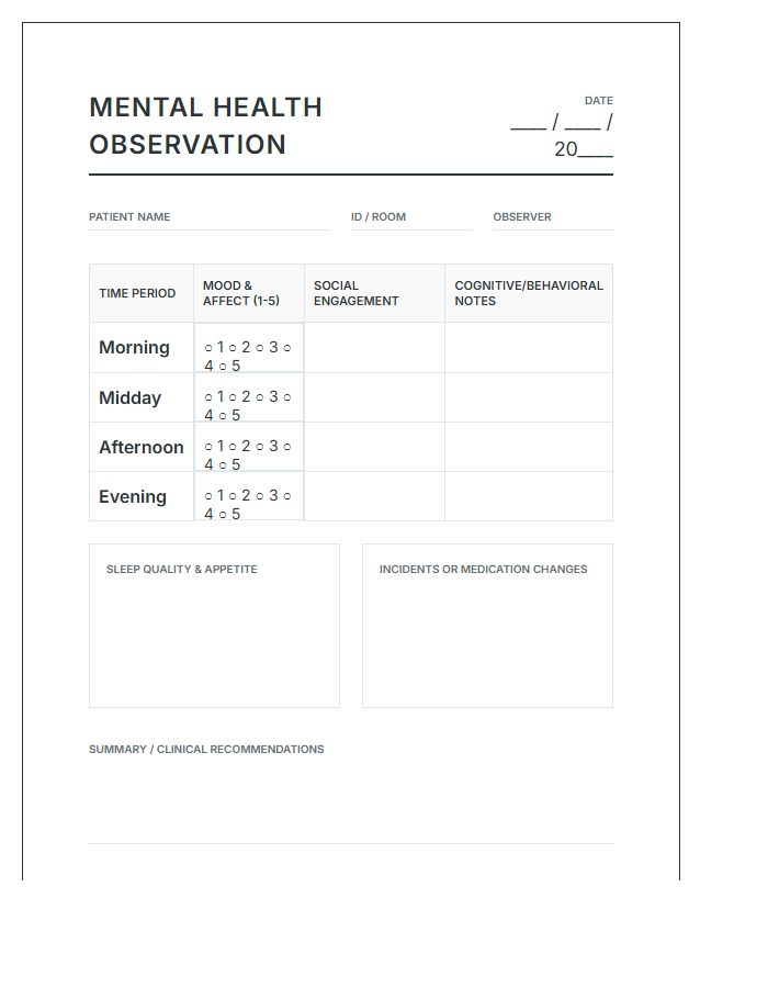 Printable Elder Mental Health Daily Observation Chart