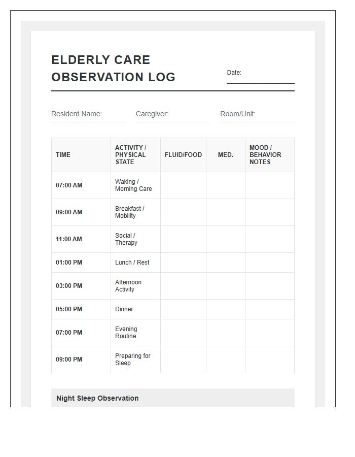 Printable Elderly Daily Activity And Sleep Observation Chart