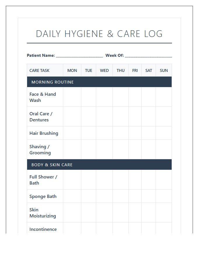 Printable Elderly Daily Hygiene And Personal Care Chart