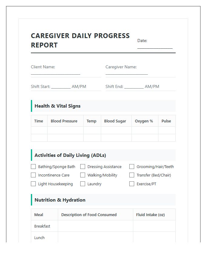 Printable Senior Caregiver Daily Progress Report Chart