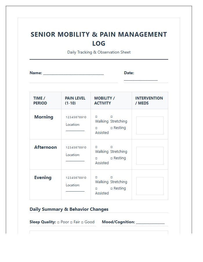 Printable Senior Mobility And Pain Management Chart