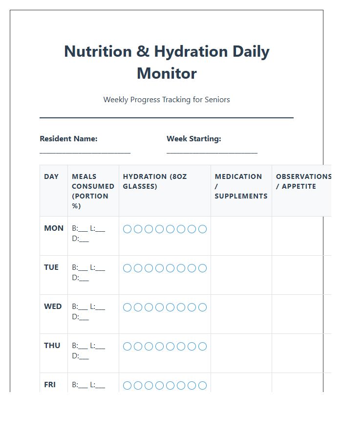 Printable Senior Nutrition And Hydration Monitoring Chart