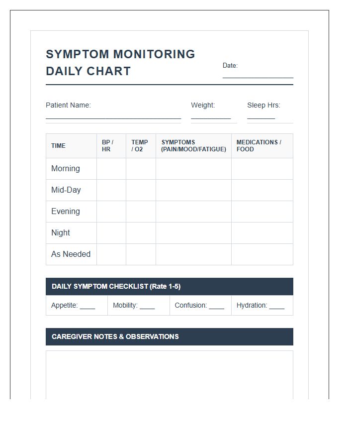 Printable Senior Patient Symptom Monitoring Daily Chart