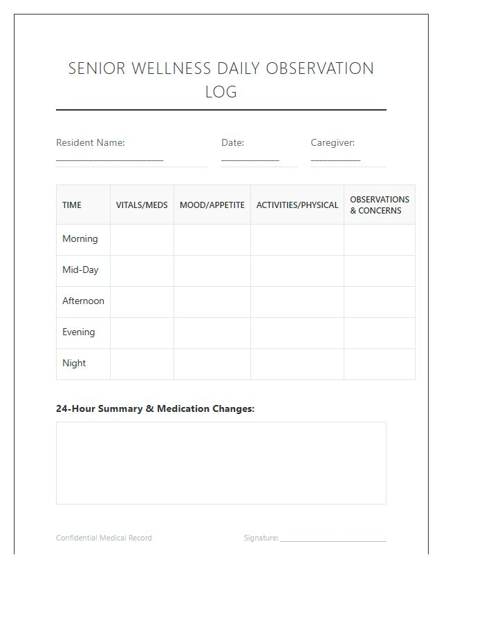 Printable Senior Wellness Daily Observation Log Chart