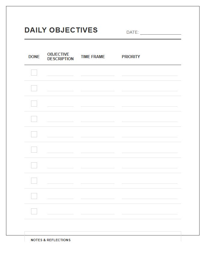 Daily Objective Completion Printable Chart