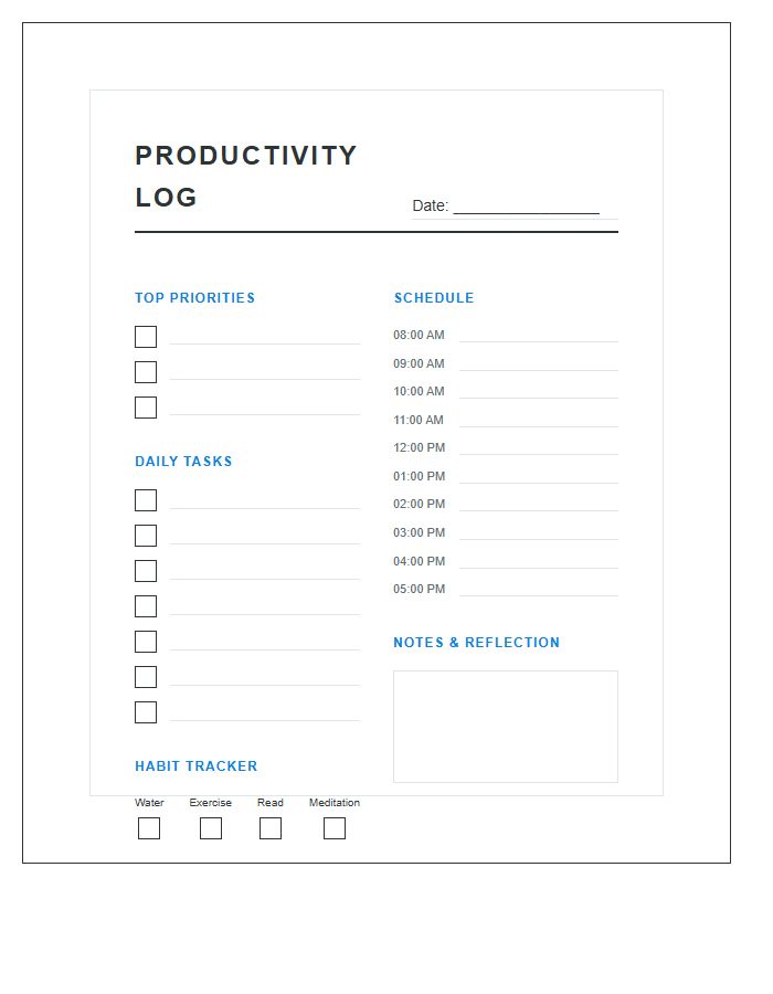 Daily Productivity Tracking Printable Chart