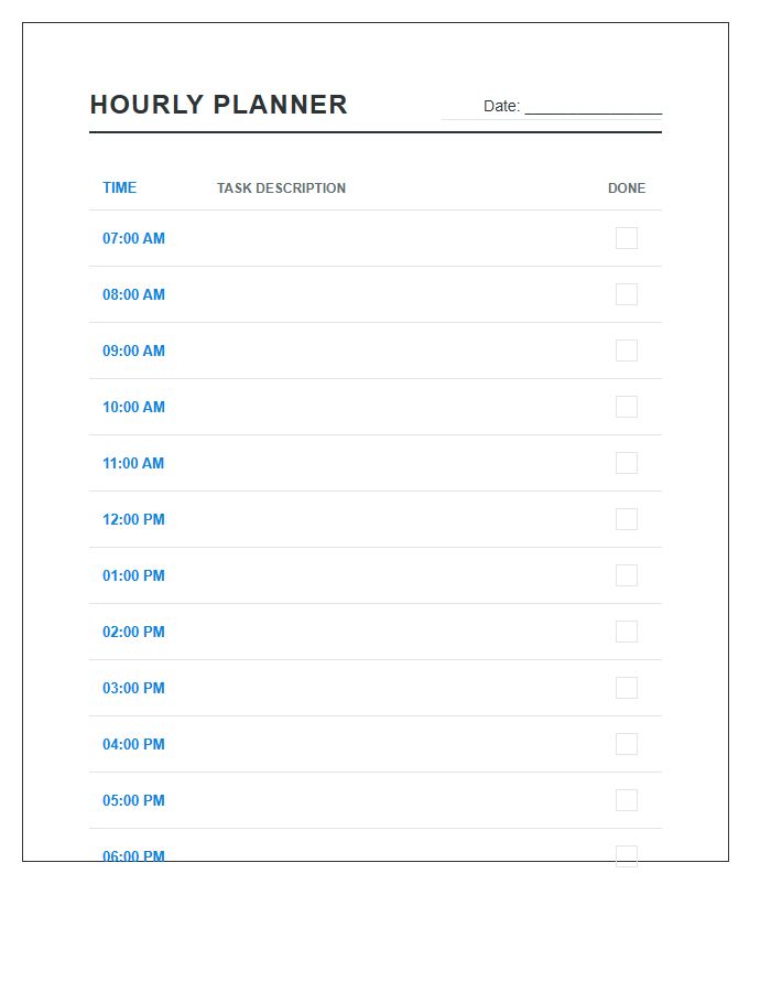 Hourly Task Management Printable Chart