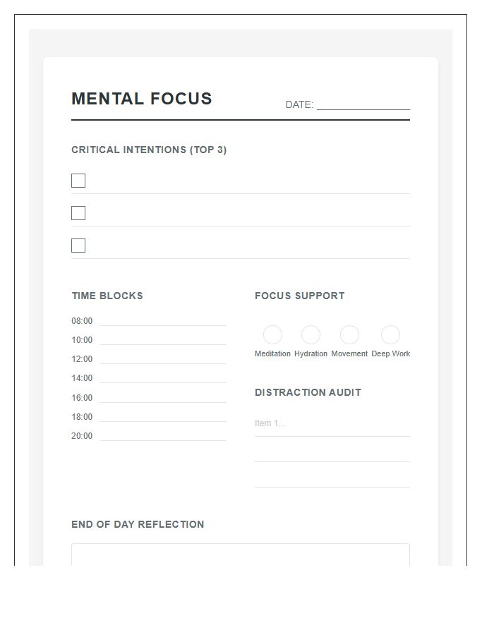 Mental Focus Daily Printable Chart