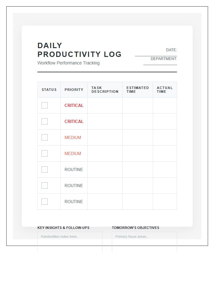 Professional Office Productivity Printable Chart