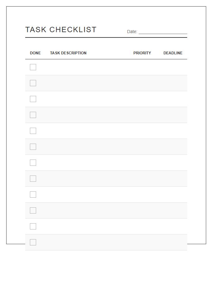 Simple Task Checklist Printable Chart