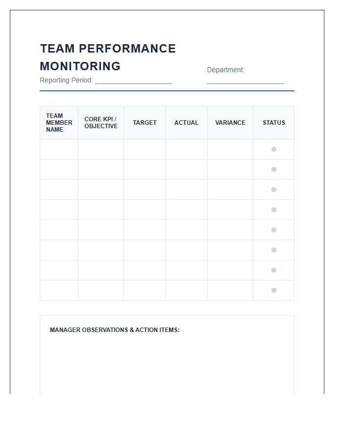 Team Performance Monitoring Printable Chart
