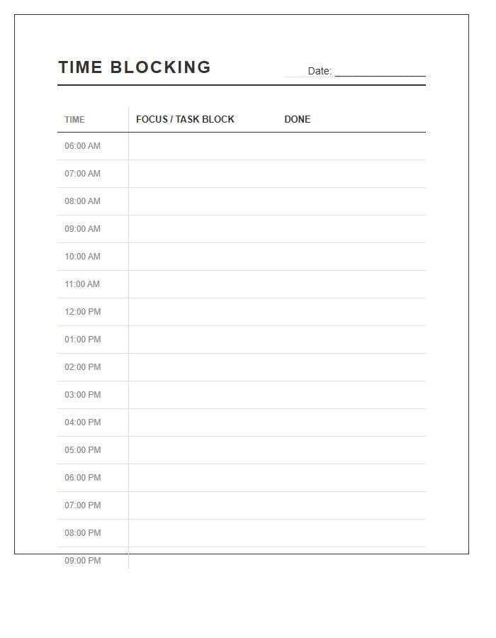 Time Blocking Schedule Printable Chart