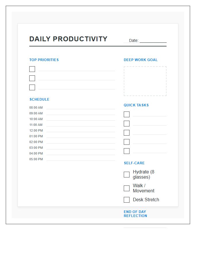 Work From Home Productivity Printable Chart