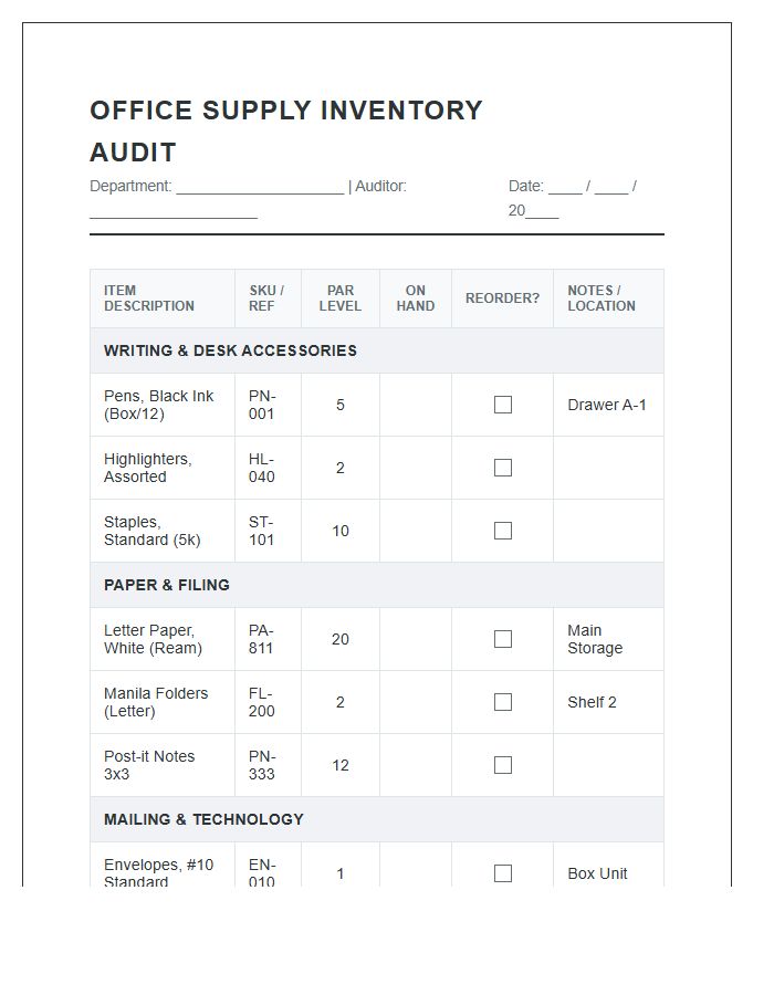 Administrative Office Supply Audit Inventory Printable Chart