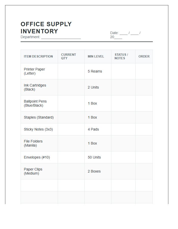 Basic Office Supply Log Inventory Printable Chart